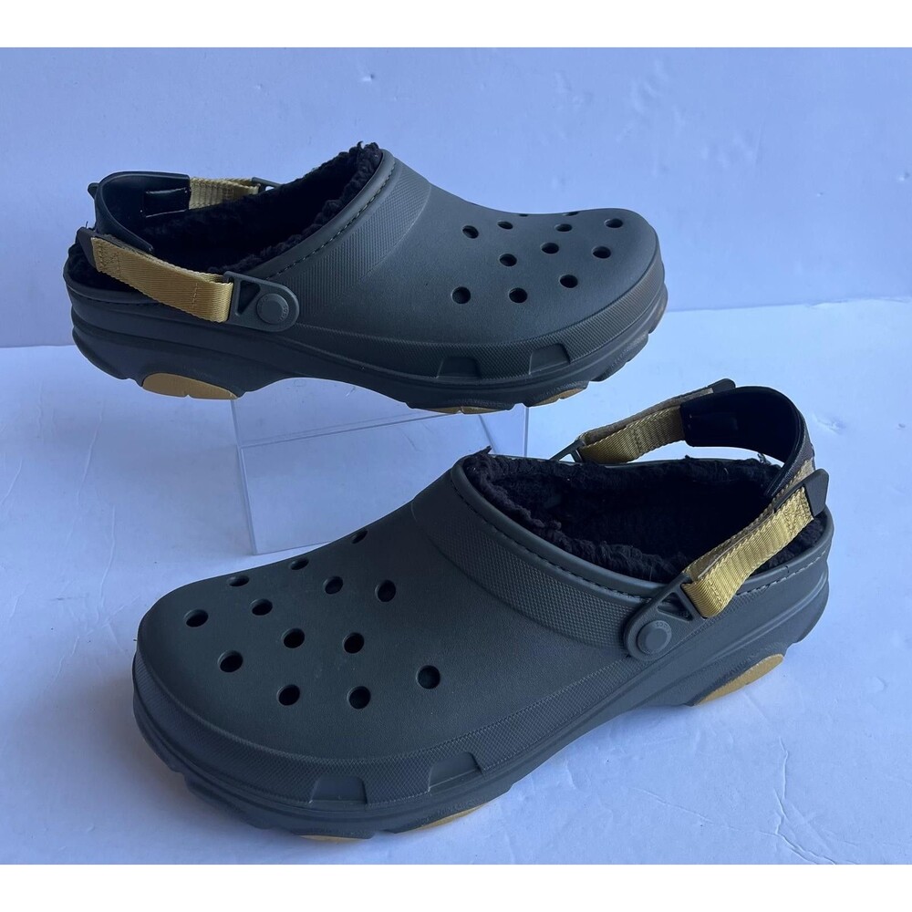 Crocs Men's Lined Clogs Charcoal Gray Gold Strap Fleece M 13 Winter Shoes